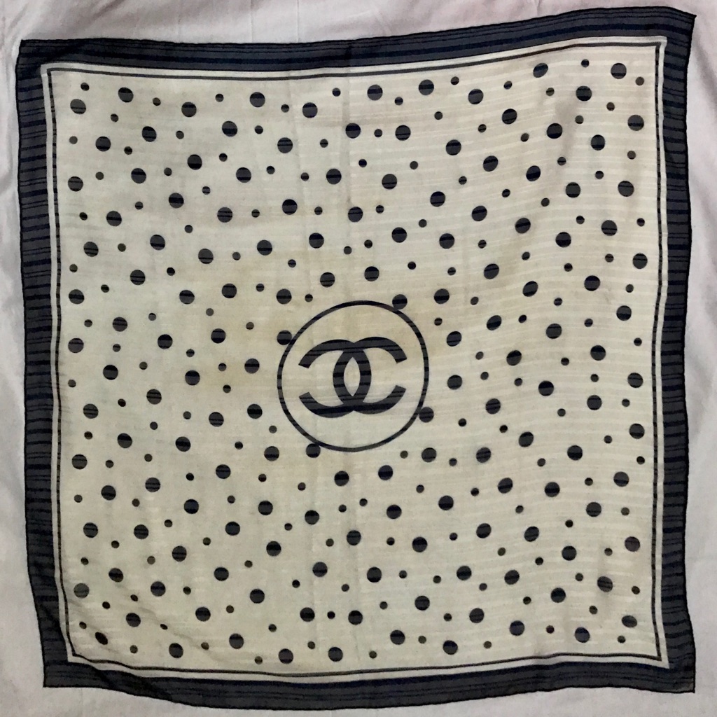 Chanel Navy  White Silk Chiffon 90cm Scarf